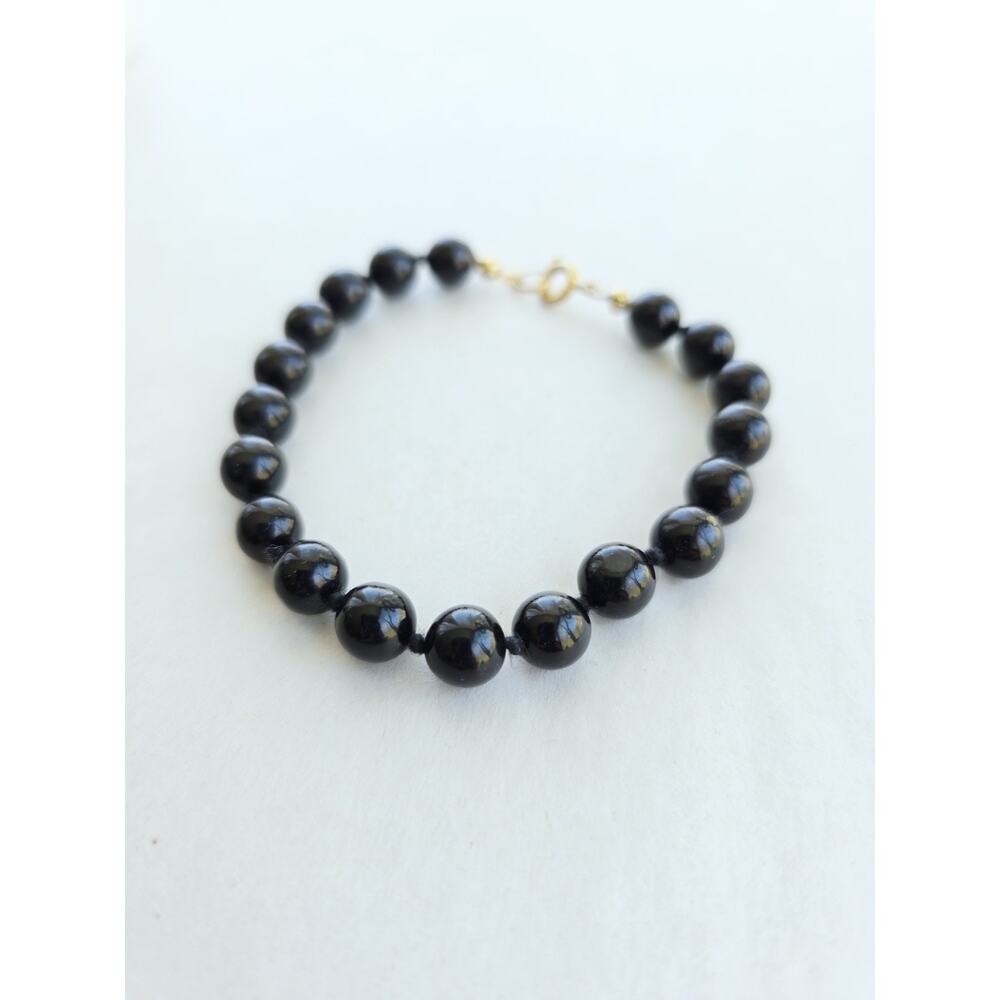 Vintage Black‎ Onyx Beaded Knotted Bracelet Gold Plated Whimsygoth Classic 7.25"